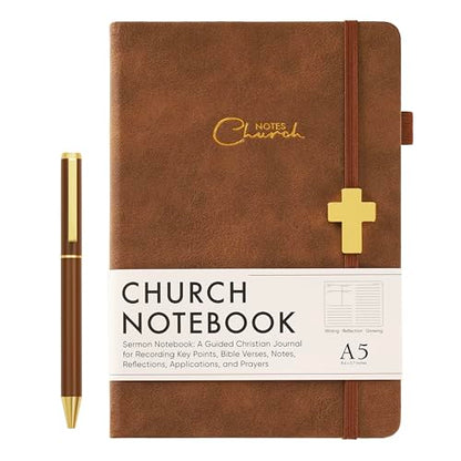 Sermon Notes Notebook with Pen & Gift Box, Guided Church Bible Journal for Christians, A5 Leather with Gold Cross | 240 Thick Pages for Study, Reflections & Prayer Notes, Pastor Gifts