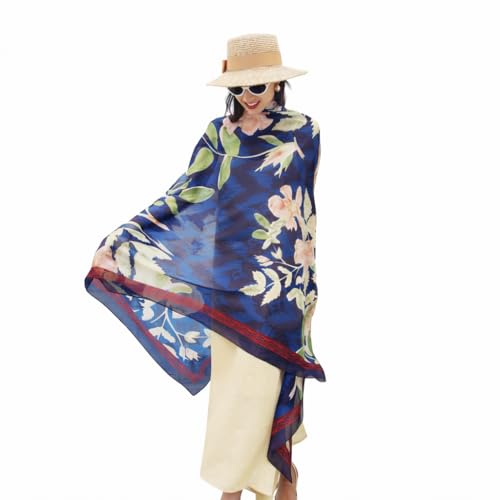 DANA XU Women's 100% Mulberry Silk Pashmina Shawl and Wraps Extra Large Floral Scarf for Evening Dresses, Soft Oversized - color: Aqua Pink Floral