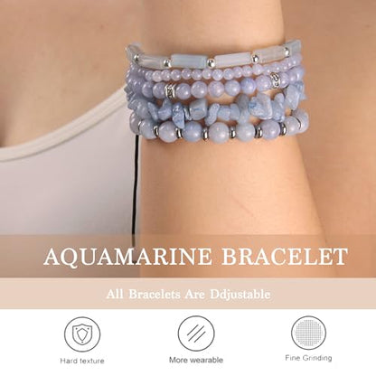 5Pcs Healing Crystal Bracelet for Women Men, Handmade Adjustable Gemstone Bracelets Beaded Reiki Energ Bracelet Set Jewelry Gifts for Women Men - color: Aquamarine