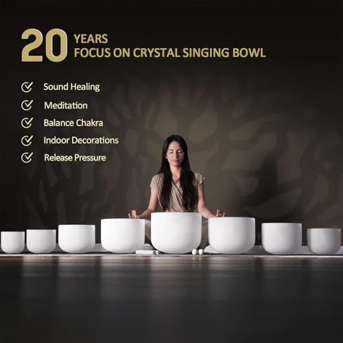 CVNC 432HZ 7-14 Inch Set Of 8 PCS Frosted Chakra Quartz Crystal Singing Bowls for Sound Healing with 2 PCS Travel Carry Case Bag