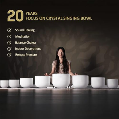 CVNC 432HZ 7-14 Inch Set Of 8 PCS Frosted Chakra Quartz Crystal Singing Bowls for Sound Healing with 2 PCS Travel Carry Case Bag