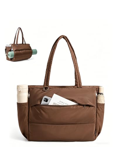 BAGSMART Yoga Tote Bag for Women with Knotted Handle, Lightweight Pilates Bag with Yoga Mat Holder, Gym Bag for Work Travel - color: Chocolate