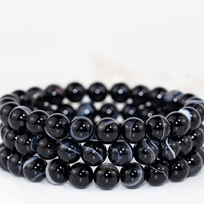 8mm Natural Gemstone Stretch Bracelet, Handmade Unisex Crystal Bracelets for Meditation, Yoga, Spiritual Healing & Positive Energy - color: Black Sardonyx