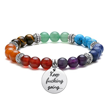 Top Plaza 7 Chakra Stone Bead Bracelets Yoga Reiki Healing Crystals Gemstone Beaded Bracelet Friendship Inspirational Message Charm Bracelet for Women Men - color: Keep going