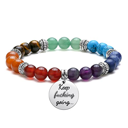Top Plaza 7 Chakra Stone Bead Bracelets Yoga Reiki Healing Crystals Gemstone Beaded Bracelet Friendship Inspirational Message Charm Bracelet for Women Men - color: Keep going