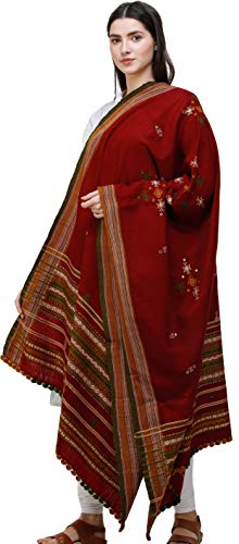 Exotic India Shawl from Kutch with Embroidered Bootis and Mirrors - Wool - color: Tibetan Red