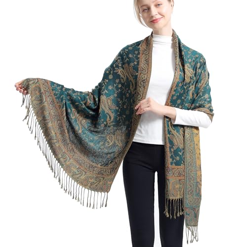 Ciormis Two Tone Silky Paisley Pashmina Shawl Scarf,Soft Women's Rave Jacquard Pashminas Wrap Scarves - color: Style1 -Dark Seagreen Paisley