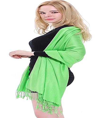 CJ Apparel Solid Color Tassels Design Nepalese Shawl Scarf Wrap Stole Throw Head Wrap Pashmina Gift Hand Made in Nepal New - color: Bright Green