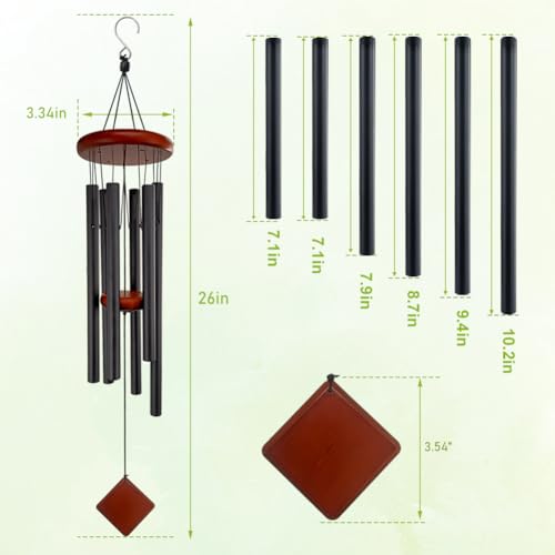 Small Wind Chimes for Outside, Wind Chimes Outdoor with 6 Tuned Tubes, Memorial WindChimes for Garden, Patio and Home - size: 26" BK