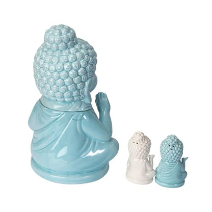 Buddha Ceramic Cookie Jar with Salt and Pepper Shaker Set, Decorative Kitchen Storage Canister, Zen Spiritual Buddhist Home Decor, Unique Gift Idea