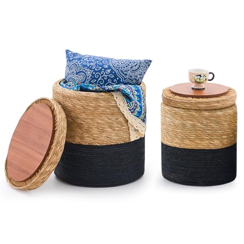 Round Pouf Ottomans, Handwoven Natural Water Hyacinth Seagrass Pouffe,Outdoor Rattan Stool Accent Seat, Bohemian Coastal Home Decor (Cattail Nested Set-Black) - color: Cattail Nested Set-black