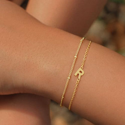 Gold Initial Bracelets for Women Girls - 18K Gold Plated Layered Letter A-Z Initial Bracelets Dainty Letter Bracelet for Women Trendy Gifts for Mom Wife Friends - color: R