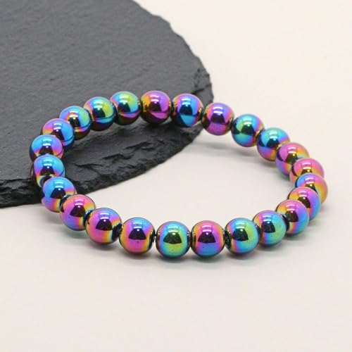Justinstones Gem Semi Precious Gemstone 8mm Round Beads Stretch Bracelet 7 Inch Unisex - color: Metallic Rainbow Coated Hematite