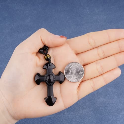 Black Obsidian Necklace Protection Pendant with Extended Bead Chain Healing Crystal Stone Amulet Necklace for Men Women - color: CrossA