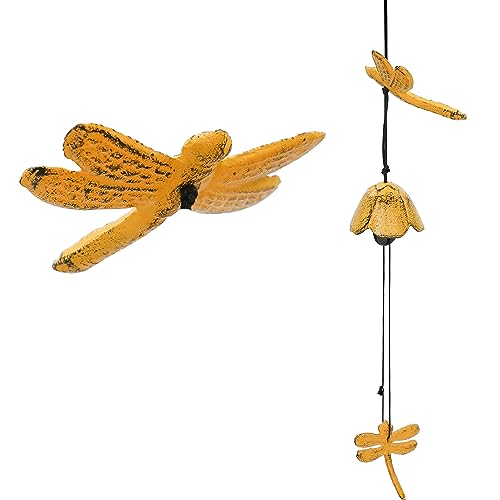 Japanese Wind Chime Cast-Iron Outdoor Ornament for Garden, Patio & Balcony, Hanging Metal Wind-Bell Decoration Gift, Blessing Pendant Windchimes, Yellow Dragonflies