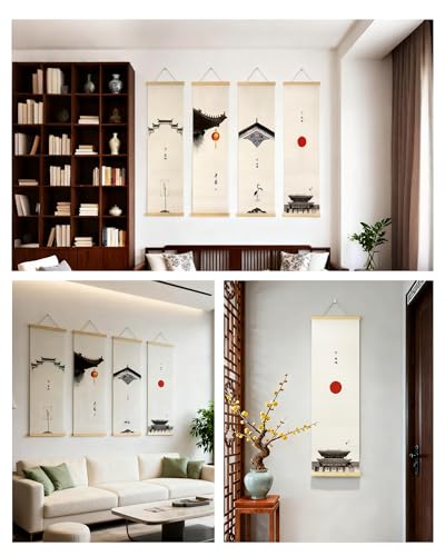 Vertical Chinese Wall Scroll Set of 4 - Traditional Ancient Architecture Paintings, Asian Wall Art with Natural Wood Frame for Living Room, Office Decor - style: Art Deco