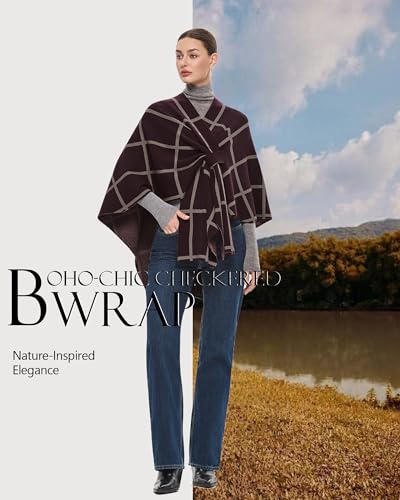 PULI Women's Elegant Shawl Wraps Soft Open Front Poncho Sweater for Spring Fall Winter - color: Classic Check-burgundy and Oatmeal