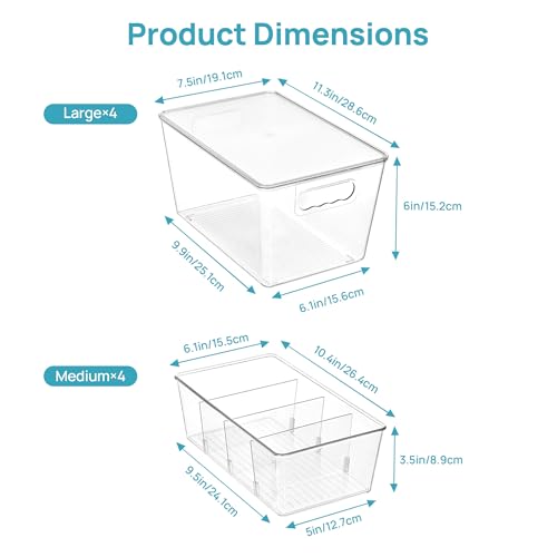 Vtopmart 4+4 Pack Clear Plastic Storage Bins Set - 4 Large Pantry Organizer Bins with Lid and Handle + 4 Medium 4-Compartment Food Storage Bins for Pantry, Kitchen, Fridge, Cabinet Organization - style: 4 Larger with Lid+4 Medium