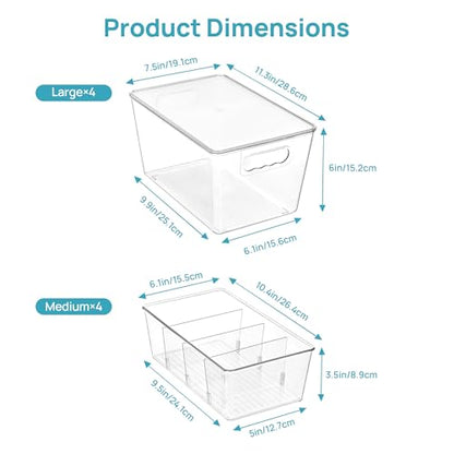 Vtopmart 4+4 Pack Clear Plastic Storage Bins Set - 4 Large Pantry Organizer Bins with Lid and Handle + 4 Medium 4-Compartment Food Storage Bins for Pantry, Kitchen, Fridge, Cabinet Organization - style: 4 Larger with Lid+4 Medium