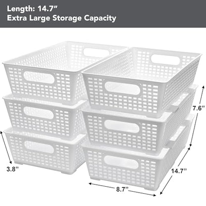 Tiawudi Stackable Woven Plastic Basket, Storage Bins for Cabinet, Closet, Shelf, Under Sink and Countertop, Pantry Organizer Bins, 6 Pack - color: White