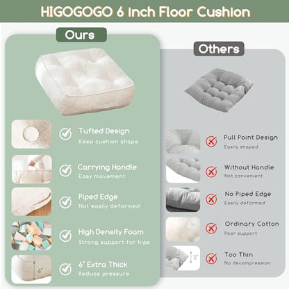 HIGOGOGO 6" Extra Thick Floor Pillow Cushion for Adults, Meditation Cushion Pillow with Handle, Lustrous Chenille Tufted, Square Floor Sitting for Tatami Living Room or Yoga, 22x22 Inch, Beige