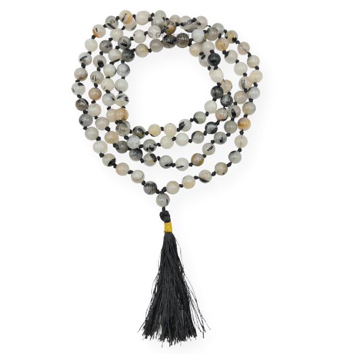 GEMSCITE Japa Mala 108 Prayer Beads Perfect for Meditation Spiritual Mala Necklace & Wrist Mala Bracelet - color: Black Rutilated Quartz, size: Hand Knotted