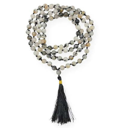GEMSCITE Japa Mala 108 Prayer Beads Perfect for Meditation Spiritual Mala Necklace & Wrist Mala Bracelet - color: Black Rutilated Quartz, size: Hand Knotted