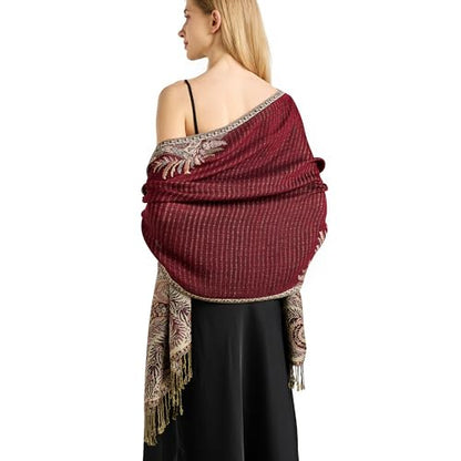 Silky Paisley Pashmina Shawl Scarf-Women's Soft Double-side Jacquard Pashminas Wrap for Evening Dress Travel Shawl - color: C-burgundy Balsam