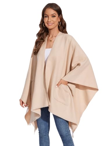 Shawl Wraps for Women, Elegant Knitted Cape Open Front Poncho Scarf Blanket Cardigan Coat for Autumn and Winter - color: Beige