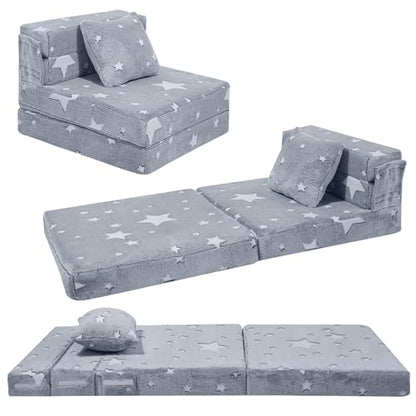 MeMoreCool Kids Tri-Fold Sofa Bed – Glow Star Floor Mattress & Foldable Futon Chair Convertible Toddler Couch | Soft Plush Lounge Mat | Playroom Furniture | Includes Pillow - color: Star