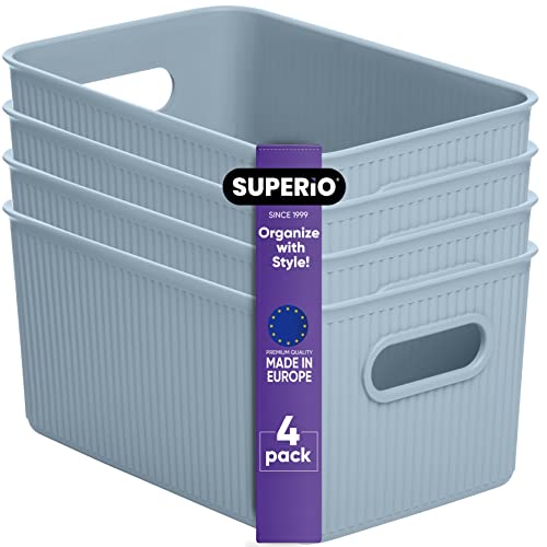 Superio Ribbed Collection - Decorative Plastic Basket Open Home Storage Bins Organizer, Medium Blue (4 Pack) Container Boxes for Organizing Closet Storage Bins for Shelves Drawer Shelf 5 Liter - size: 4 Pack, style: Bin - Medium (5 Liter)
