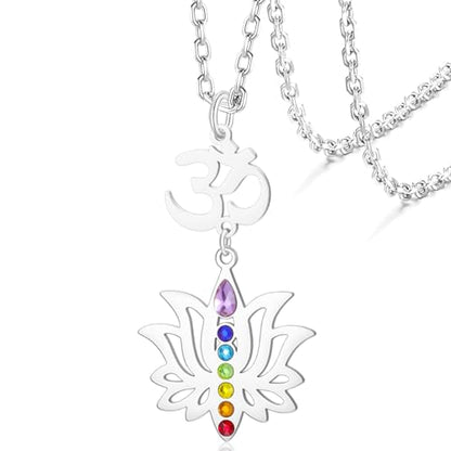 VASSAGO Lotus Flower Chakra Necklace for Women Lotus Flower Necklace 7 Chakra Pendant OM Symbol Buddha Amulet Spiritual Healing Jewelry Yoga Meditation Gift - color: Silver 2
