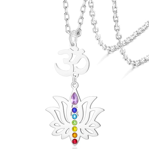 VASSAGO Lotus Flower Chakra Necklace for Women Lotus Flower Necklace 7 Chakra Pendant OM Symbol Buddha Amulet Spiritual Healing Jewelry Yoga Meditation Gift - color: Silver 2