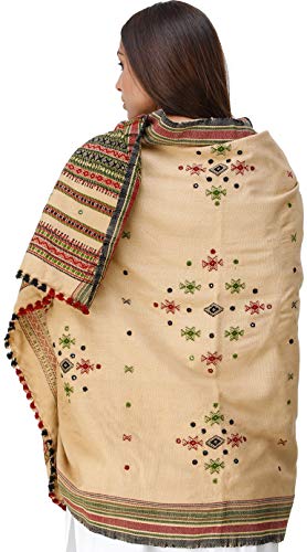 Exotic India Shawl from Kutch with Embroidered Bootis and Mirrors - Wool - color: Beige