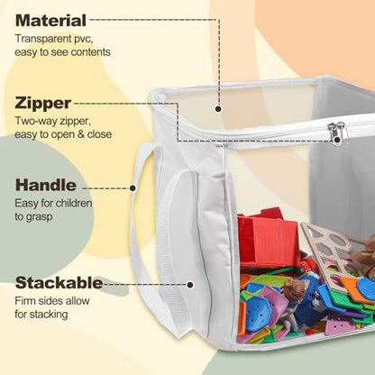 3 Pack Large Storage Bins, Foldable PVC Organizer Box with Transparent Lid & Handles, Multi-Purpose Toy Clothes Books Home Decor Storage (White, 12 Inch)