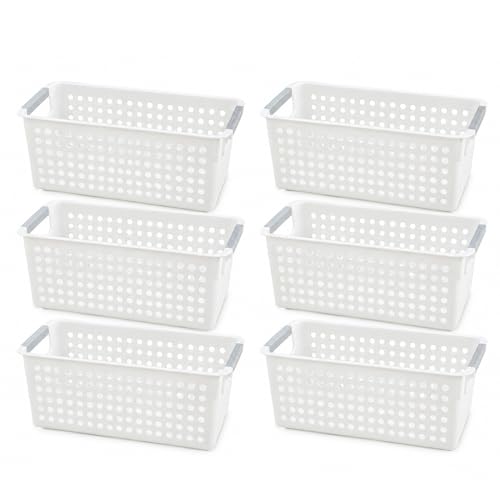 Basicwise Set of 6 Plastic Storage Baskets, 12" x 5" x 5" Ivory Organizer Bins with Handles, Perforated Small Storage Containers for Pantry, Bathroom, Laundry, Closet, Office, Toys, Shelves, Home - size: Set of 6
