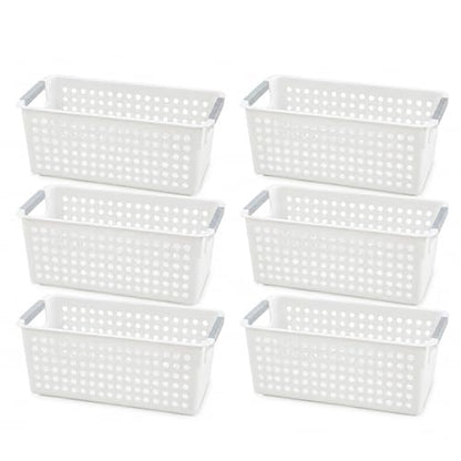 Basicwise Set of 6 Plastic Storage Baskets, 12" x 5" x 5" Ivory Organizer Bins with Handles, Perforated Small Storage Containers for Pantry, Bathroom, Laundry, Closet, Office, Toys, Shelves, Home - size: Set of 6