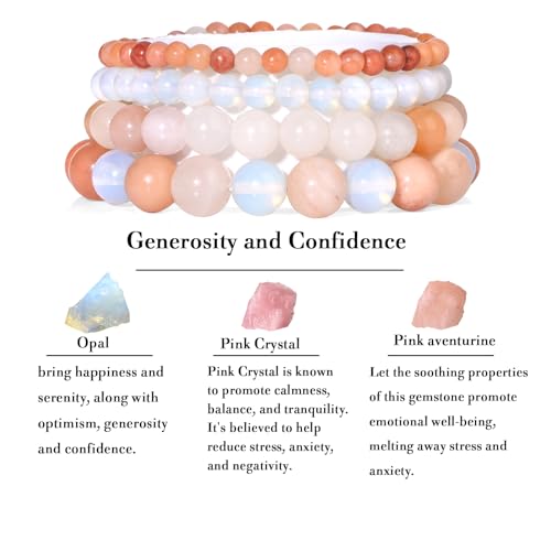 4pcs Beaded Bracelets for Women,Natural Healing Crystal Gemstones Bracelet,Anxiety Stress Relief Bracelet Handmade purple Jewelry Gifts for Women - color: Pink aventurine&Opal&Pink Crystal