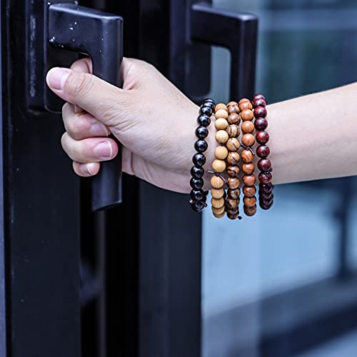 5Pcs Natural Wood Bracelets with Hematite Stone Cross Religious Tibetan Buddhist Christian Style