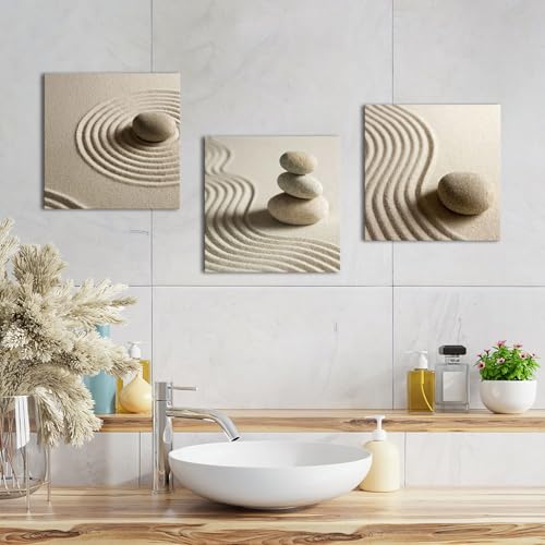 Artsbay 3 Piece Canvas Wall Art Zen Stone and Sand Giclee Print Artwork Calm Peaceful Still Life Picture Painting Modern Spa Room Wall Poster Decor Framed for Home Office Bedroom Bathroom Decoration