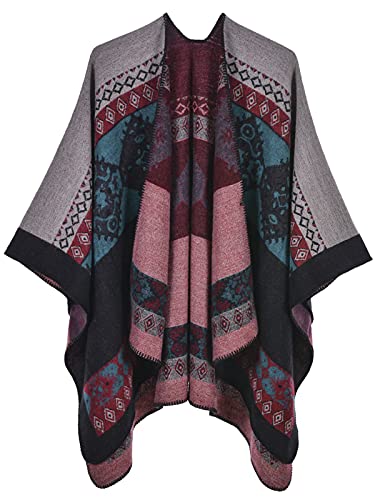 Women's Shawls and Wraps Open Front Poncho Cape Winter Sweater - color: N33-totem Pink Black
