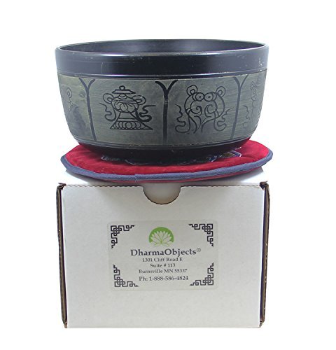 DharmaObjects Yoga Meditation 6 Inches 8 Lucky Symbols Singing Bowl/Cushion/Leather Mallet Gift Set (Black) - color: Black, size: 8 Lucky Symbol
