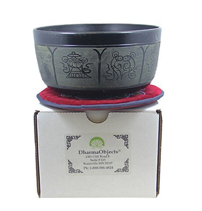 DharmaObjects Yoga Meditation 6 Inches 8 Lucky Symbols Singing Bowl/Cushion/Leather Mallet Gift Set (Black) - color: Black, size: 8 Lucky Symbol