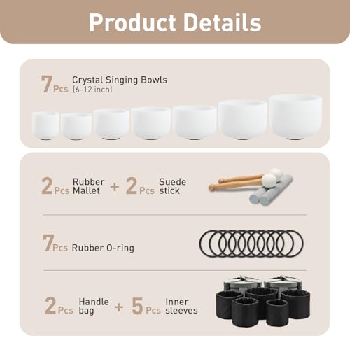 CVNC 432HZ 6-12 Inch Set Of 7 PCS Frosted Chakra Quartz Crystal Singing Bowls for Sound Healing with 2 PCS Travel Carry Case Bag - color: White, size: 6-12 inch
