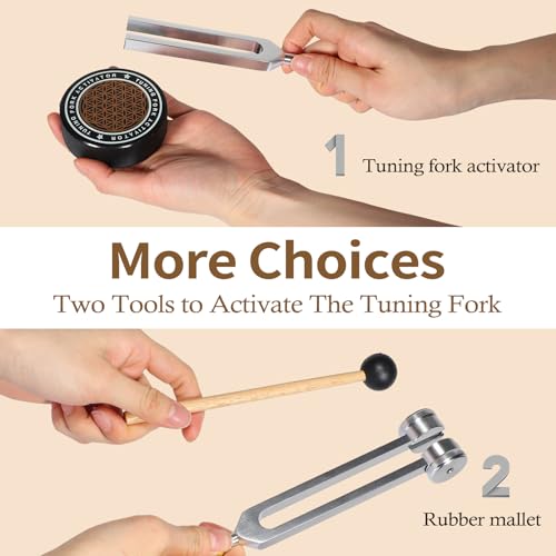 Tuning Forks for Healing Set, 128Hz, 136Hz, 256Hz, 512Hz Tuning Forks with Activator, Chakra Sound Therapy Music Tuning Instruments for Stress & Sleep/Yoga/Meditation with Anti-Slip Sponge & Pouch