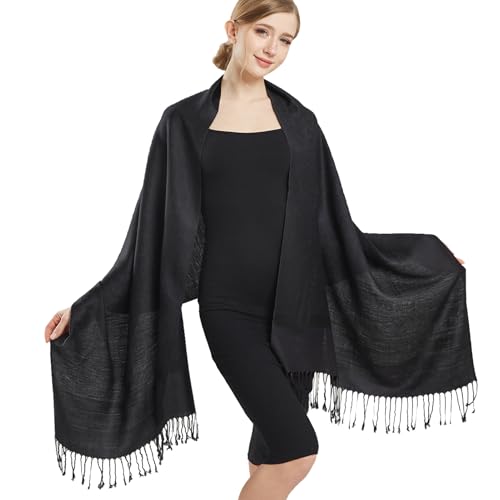 Silky Paisley Pashmina Shawl Scarf-Women's Soft Double-side Jacquard Pashminas Wrap for Evening Dress Travel Shawl - color: A-black