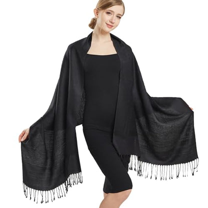 Silky Paisley Pashmina Shawl Scarf-Women's Soft Double-side Jacquard Pashminas Wrap for Evening Dress Travel Shawl - color: A-black