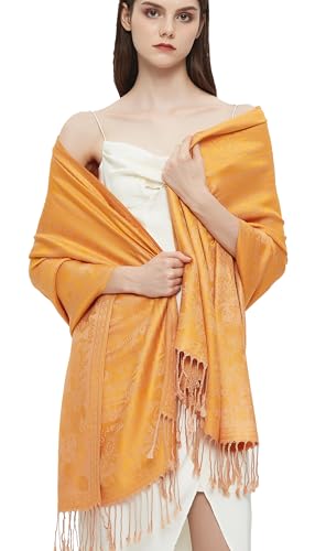 Pashmina Shawl Wrap with Ethnic Paisley Two Tone Jacquard Scarf for Women - color: Orange