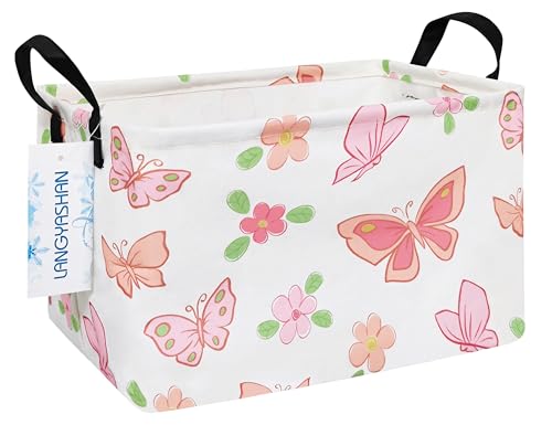 Rectangular Storage Bin Collapse Canvas Fabric Cartoon Storage Basket with Handles for Organizing Home Kitchen Boys and Girls Toys Office Closet Shelf Baskets (Rec Pink Butterfly) - color: Rec Pink Butterfly