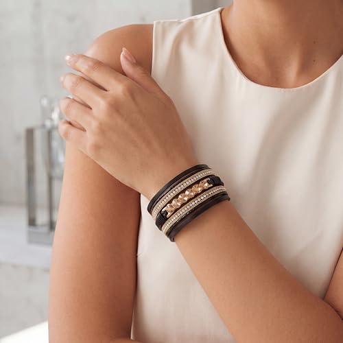 Edoneery Leather Wrap Bracelet for Women, Boho Handmade Multi-Layer Cuff with Crystal Beads Heart, Stackable Bangle Western Jewelry Gift - style: 6 Rhinestone(Black)